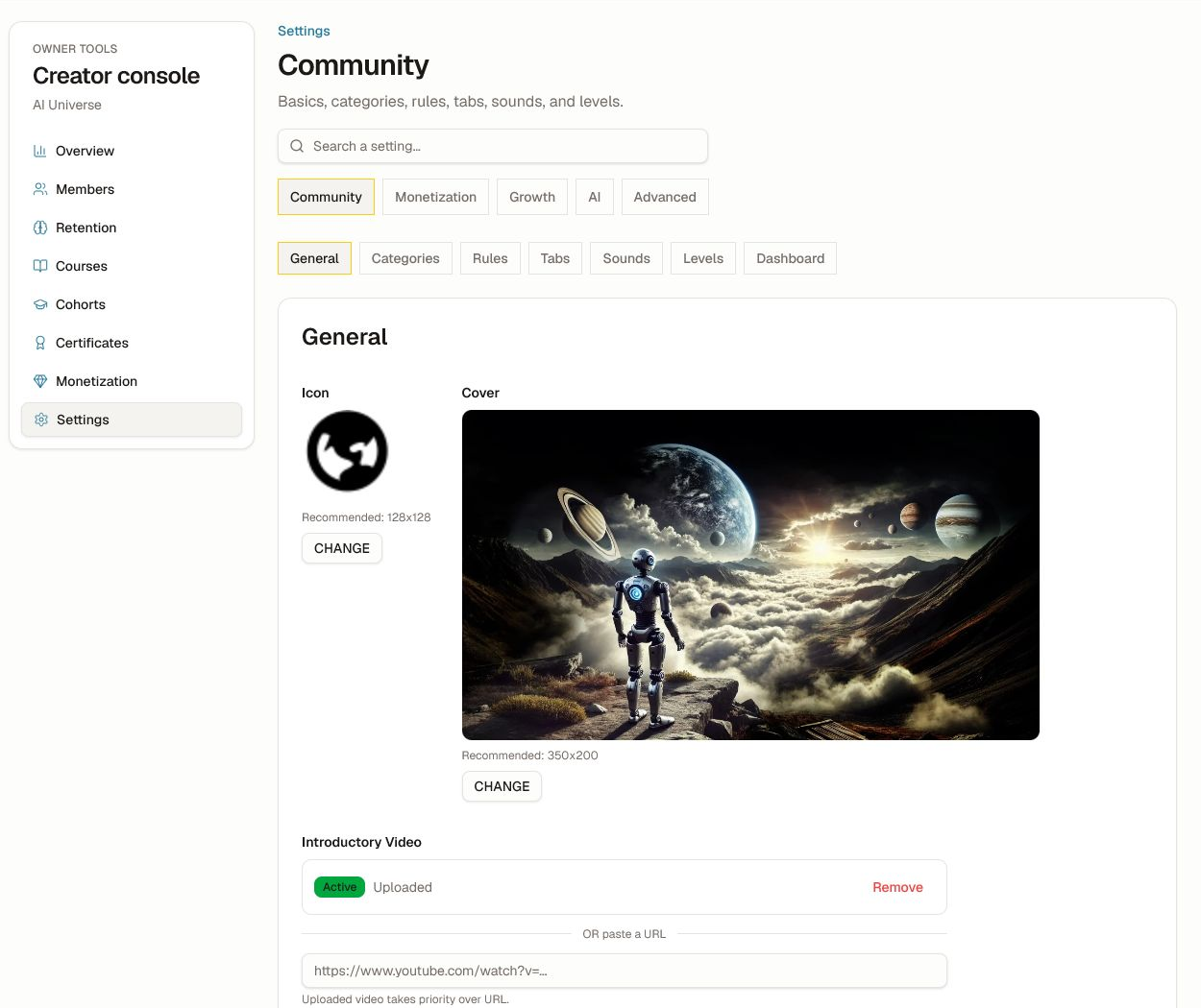 Complete the member-facing basics before inviting learners. Community General settings for identity, video, language, URL, appearance, privacy, and support.