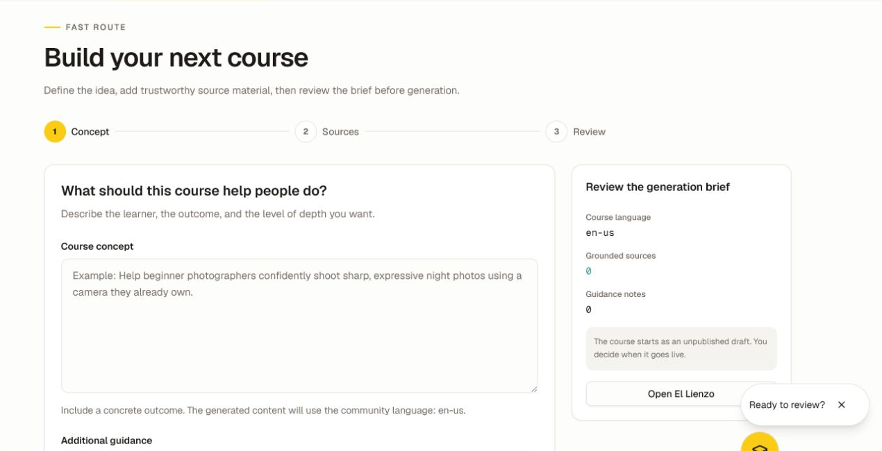 The Course Studio concept step with the three-step workflow and an unpublished-draft review panel.
