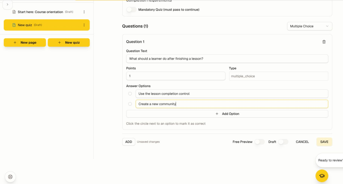 The quiz editor with a question, answer choices, and save controls.