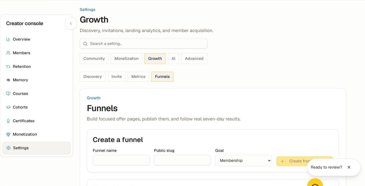 Create a draft and review its offer, access, and attribution before publishing. The Funnels workspace with the manual-template form, goal selector, review queue, and seven-day results area.