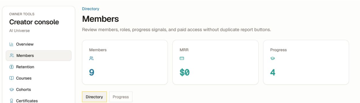 The creator member report summary with member, MRR, progress, and report tabs.