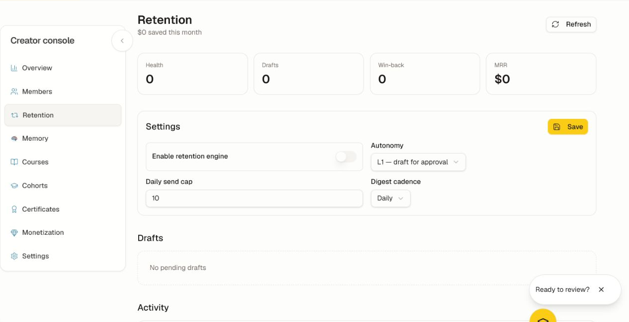 Start with draft-for-approval autonomy and a conservative daily cap. The Retention workspace with health, drafts, win-back, MRR, autonomy, caps, and cadence.