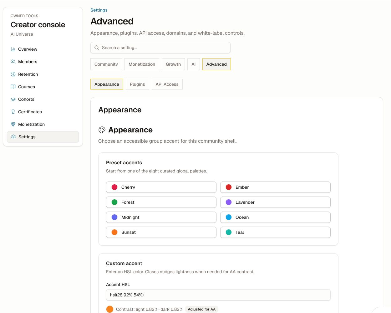 Use the contrast result, not color alone, to approve an accent. Advanced Appearance settings with curated accents and contrast feedback.