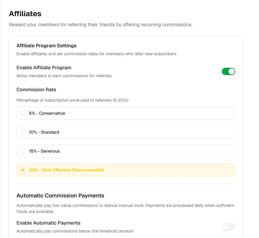 Document the commission and payout policy before enabling referrals. Affiliate settings with enablement, commission options, automatic payment controls, and a referral link.