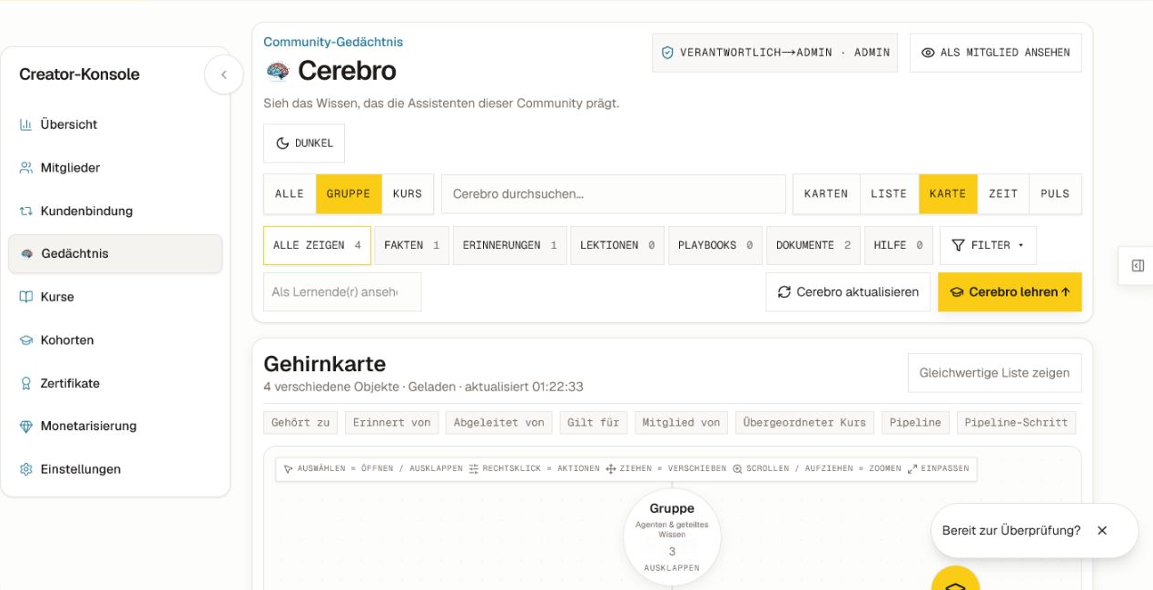 Die Cerebro‑Community‑Memory‑Konsole mit Bereichsfiltern, Kenntnistypen, Ansichtsmodi, Lehrkontrollen und einer geladenen Wissenskarte.
