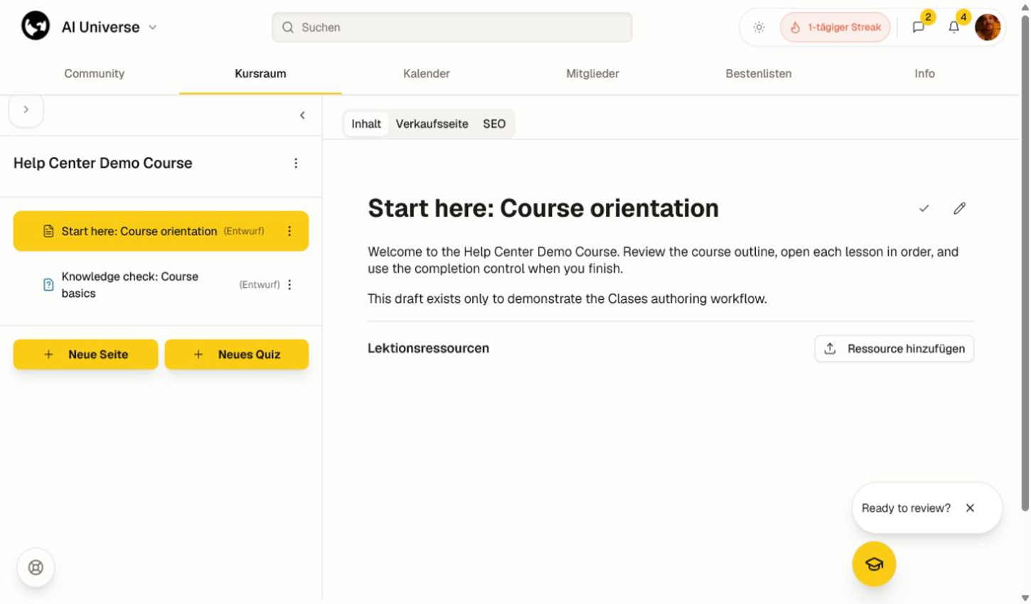 Landing‑Seiten‑Einstellungen mit Optionen für Veröffentlichung, öffentliche URL, Template und Sichtbarkeit von Bereichen.