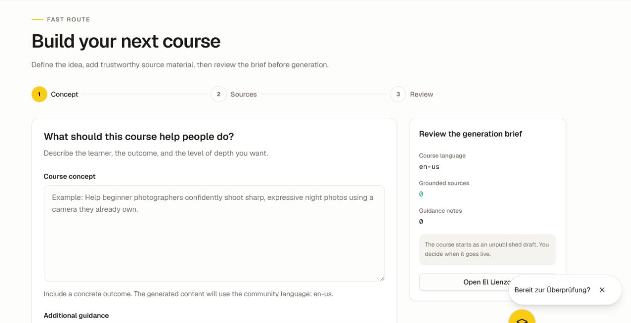Der Concept‑Schritt von Course Studio mit dem dreistufigen Arbeitsablauf und einem Prüfungsbereich für unveröffentlichte Entwürfe.