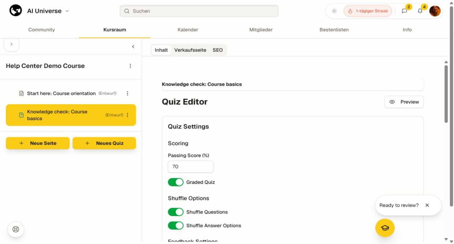 Der Quiz-Editor mit einer Frage, Antwortoptionen und Speichersteuerungen.