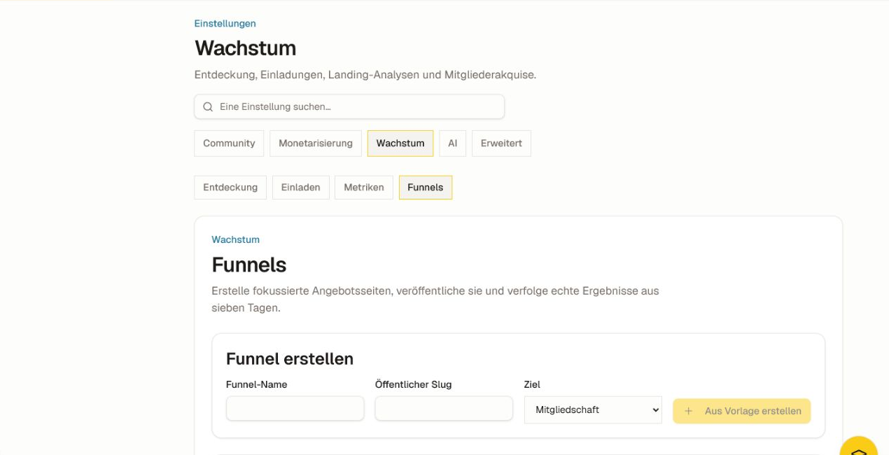 Der Funnels‑Arbeitsbereich mit dem Formular „manual-template“, Zielauswahl, Prüfwarteschlange und dem Sieben‑Tage‑Ergebnisbereich.