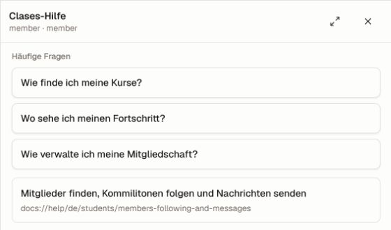 Prüfe das Hilfe-Panel mit der Rolle und Spracheinstellung der Person, die es tatsächlich verwenden wird. Das Hilfe-Panel im Produkt in einer separaten Mitgliederansicht mit lokalisierten beliebten Fragen und einem kontextbezogenen Dokumentationsergebnis.