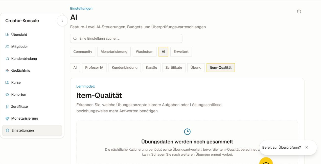 Ein leerer Realdaten‑Zustand ist zu erwarten, bis Lernende genügend Übungsbelege geliefert haben. Der leere Zustand der Item-Gesundheit erklärt, dass die nächtliche Kalibrierung echte Übungsantworten benötigt.