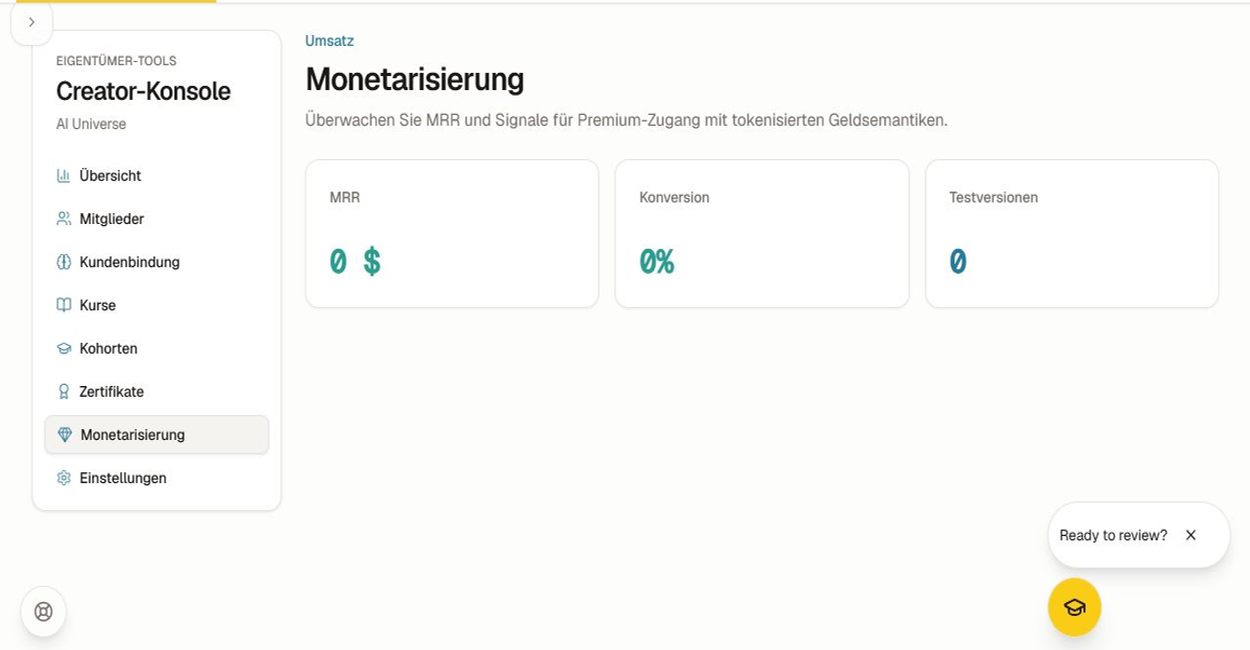 Die Monetarisierungsübersicht für Creator mit wiederkehrenden Einnahmen, Conversion- und Testsignalen.