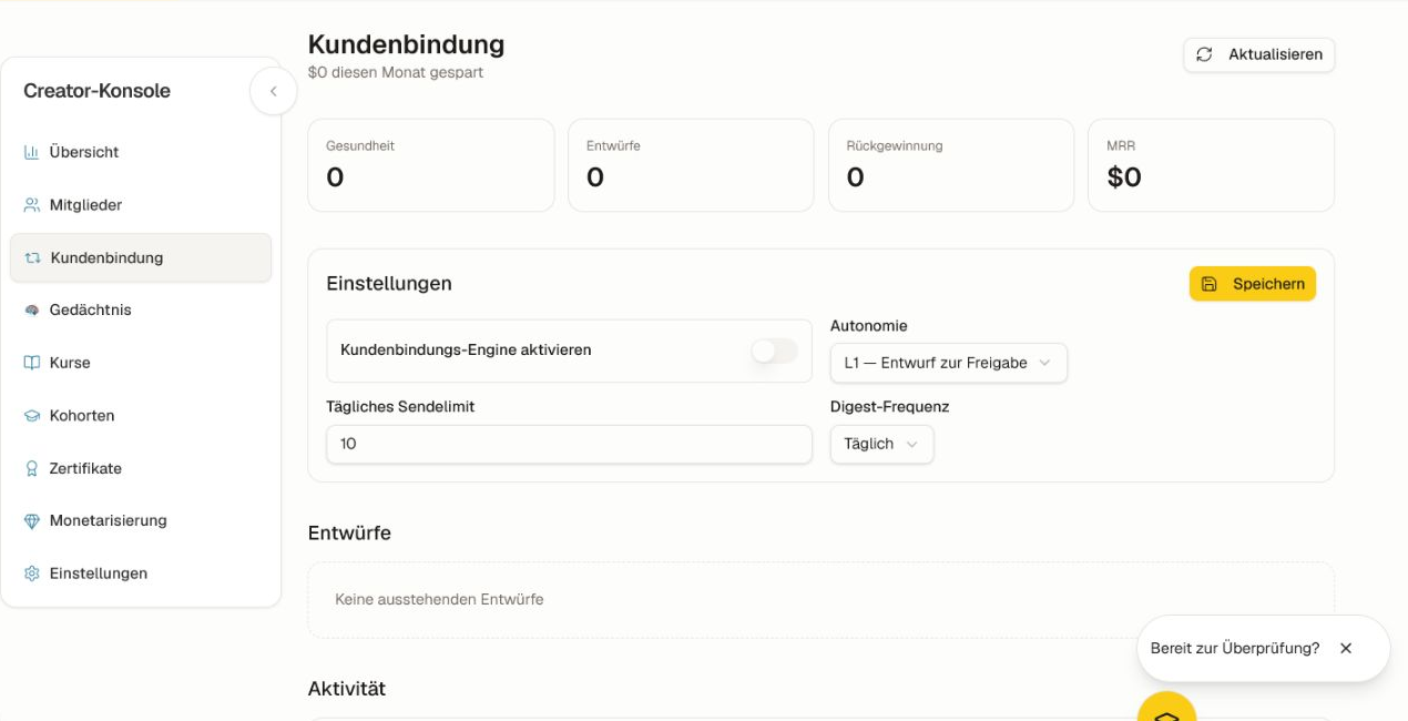 Beginne mit Entwurf‑zur‑Genehmigung‑Autonomie und einem konservativen Tageslimit. Der Retention‑Arbeitsbereich mit Health, Entwürfen, Zurückgewinnung, MRR, Autonomie, Limits und Kadenz.