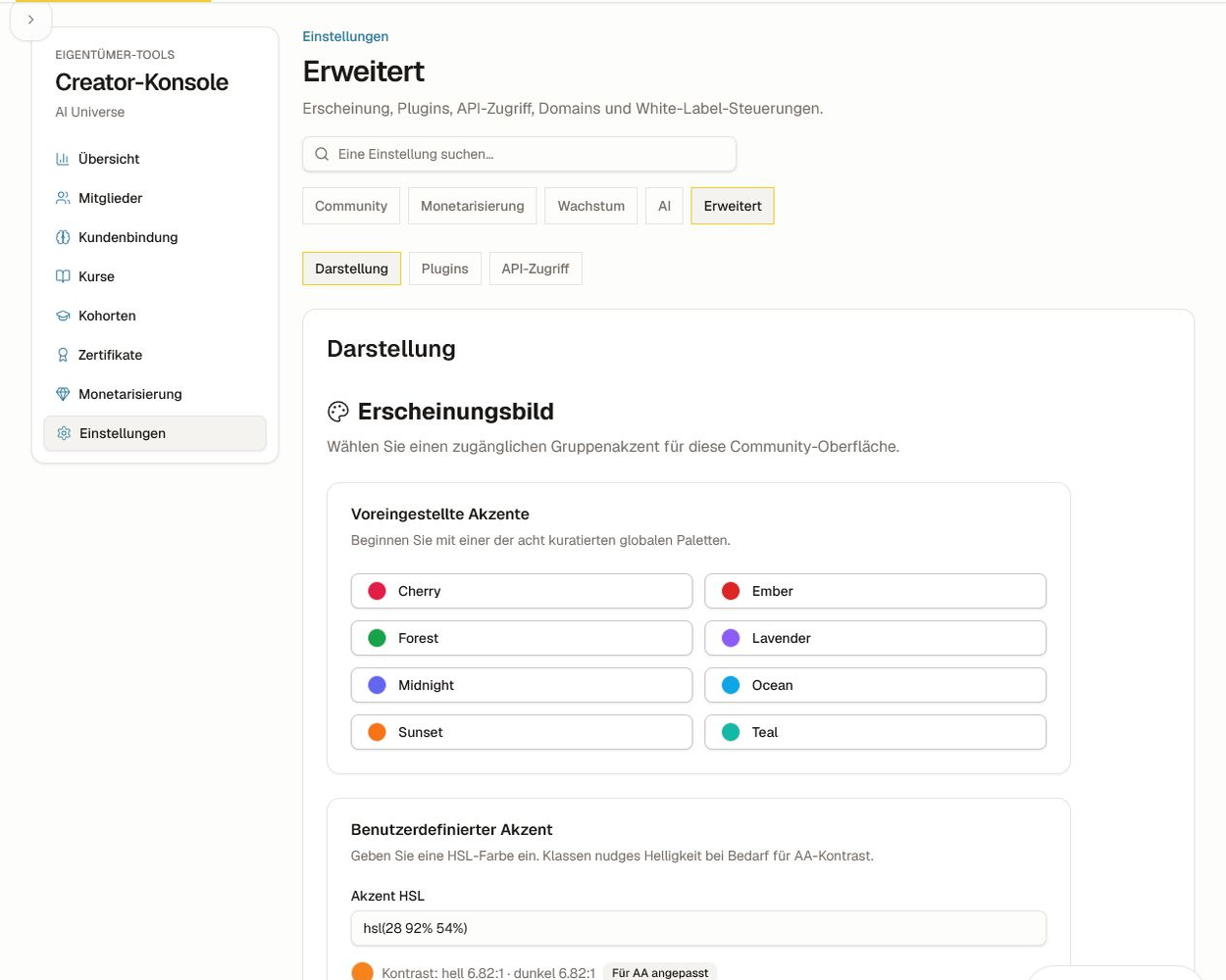 Erweiterte Erscheinungsbild‑Einstellungen mit kuratierten Akzenten und Kontrast‑Feedback.