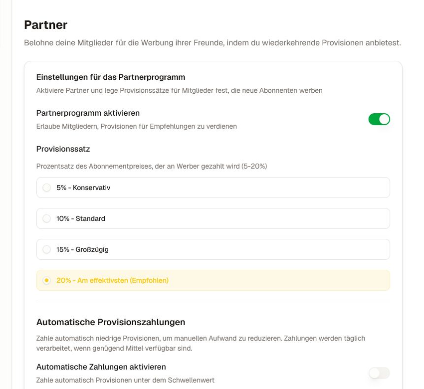 Dokumentiere die Provisions- und Auszahlungsrichtlinie, bevor du Empfehlungen aktivierst. Affiliate-Einstellungen mit Aktivierung, Provisionsoptionen, automatischen Zahlungssteuerungen und einem Empfehlungslink.