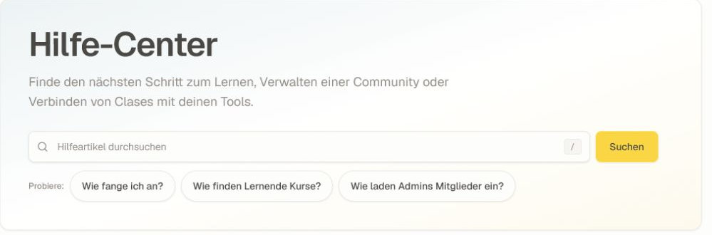 Die aktuelle Übersicht des Hilfecenters mit Suche und rollenbezogenen Einstiegspunkten.