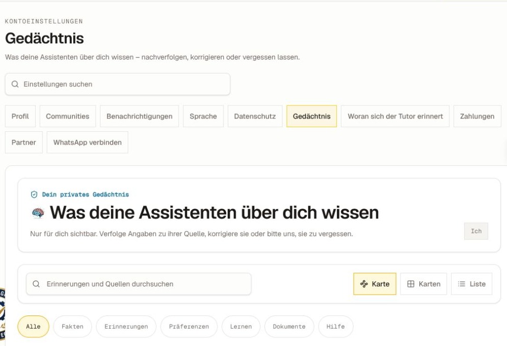 Der aktuelle private Speicherbereich mit Suche, Karte, Kartenansicht, Liste und Filtern für Speichertypen; zugeschnitten, sodass noch keine Erinnerungsdetails sichtbar sind.