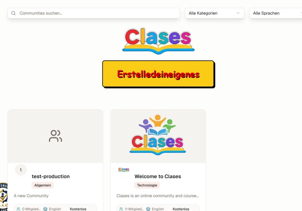 Aktuelle Seite zur Community-Entdeckung mit Suche sowie Kategorie- und Sprachfiltern.