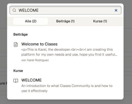 Das aktuelle Such-Overlay der Community mit Ergebnissen für 'Alle', 'Beiträge' und 'Kurse' bei einer Abfrage mit mindestens drei Zeichen.