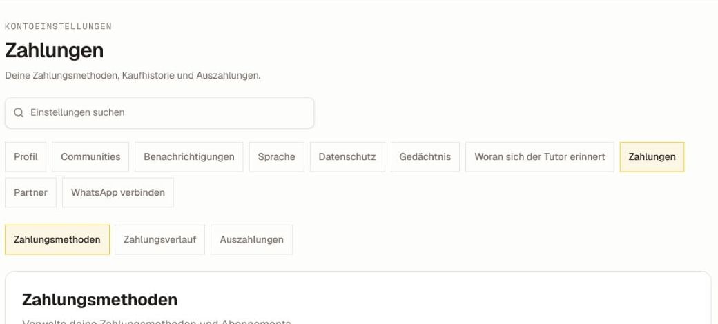 Aktuelle Kopfzeile der Zahlungseinstellungen mit den Tabs Zahlungsmethoden, Zahlungshistorie und Auszahlungen, zugeschnitten vor gespeicherten Karten- oder Transaktionsdetails.