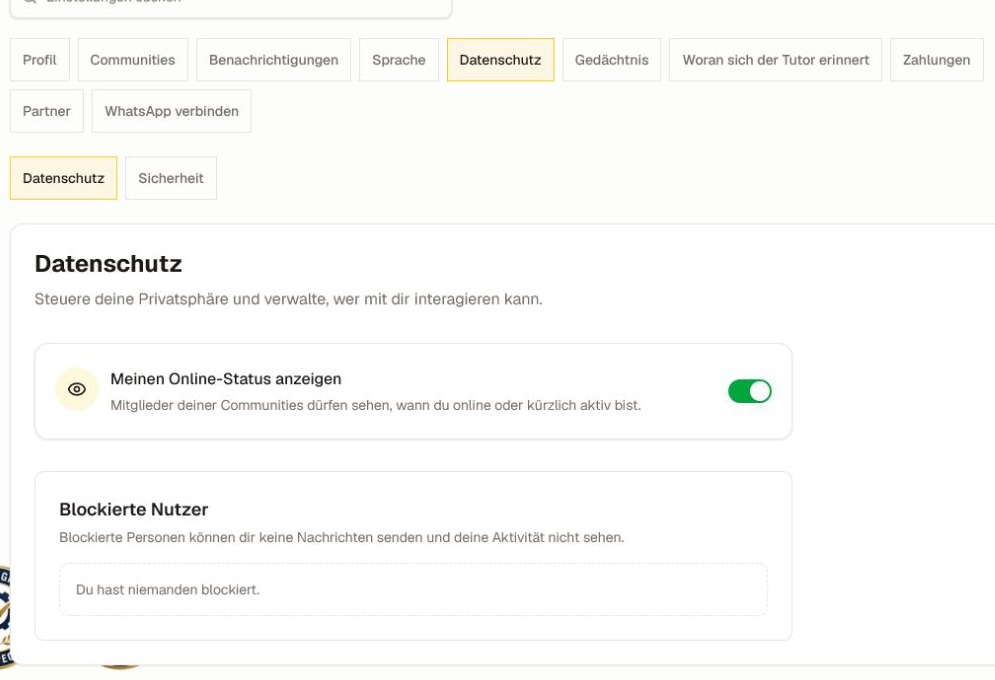 Der aktuelle Datenschutz-Tab mit Einstellungen für Online-Status und blockierte Benutzer.