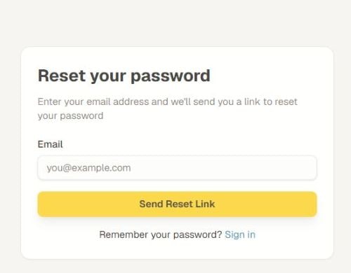 Das aktuelle Formular zur Passwortwiederherstellung mit dem E-Mail-Feld, der Aktion "Reset-Link senden" und dem Link zur Anmeldung.