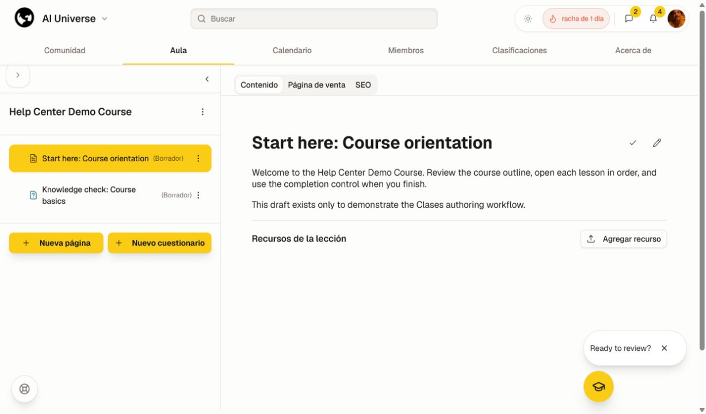 Construye la lección en borrador y luego añade solo los recursos que necesitan los aprendices. Una lección en borrador en el editor del curso con contenido, recursos y los controles Nueva página y Nuevo cuestionario.