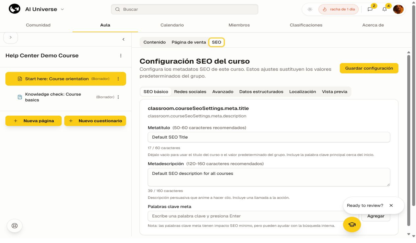 Configuración SEO del curso con pestañas de título, descripción, palabras clave y vista previa.