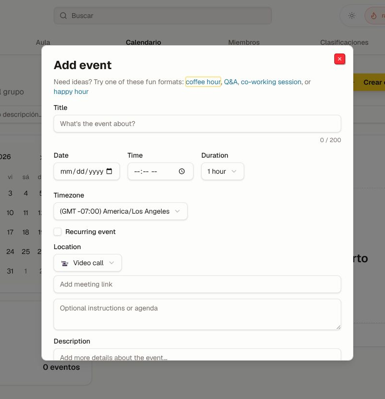 El cuadro Agregar evento con título, fecha, hora, duración, zona horaria, recurrencia, ubicación, agenda y descripción.