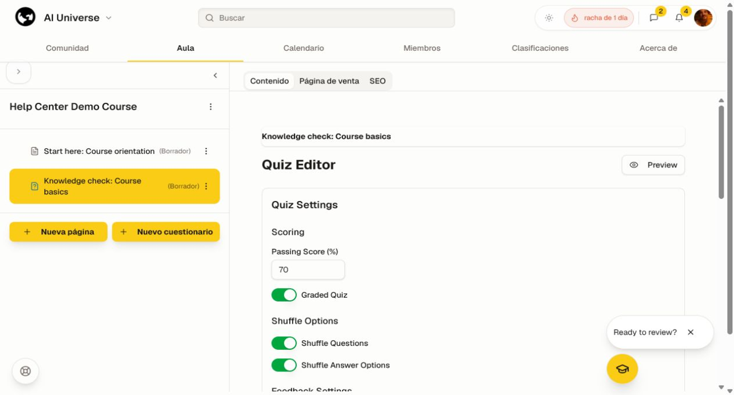 Haz que cada respuesta sea distinta y verifica la respuesta correcta antes de publicar. El editor de cuestionarios con una pregunta, opciones de respuesta y controles de guardado.