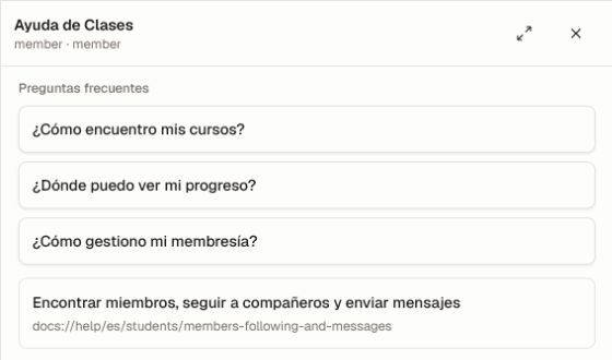 El panel de Ayuda dentro del producto en una vista de miembro separada, con preguntas populares localizadas y un resultado de documentación contextual.