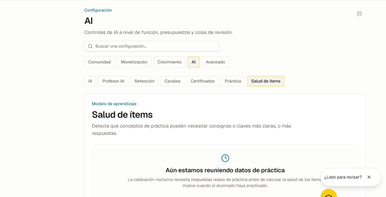 Estado vacío de Salud de ítems que explica que la calibración nocturna requiere respuestas reales de práctica.