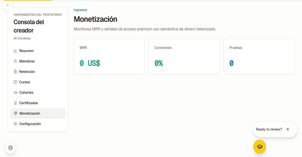 Usa la vista general para monitoreo y la sección Configuración para la configuración. Resumen de monetización del creador con ingresos recurrentes, conversión y señales de prueba.