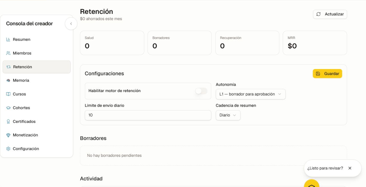 El espacio de Retención con salud, borradores, reconquista, MRR, autonomía, límites y cadencia.