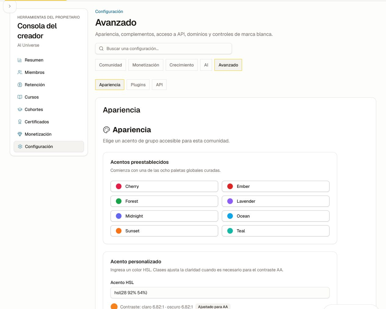 Usa el resultado del contraste, no solo el color, para aprobar un acento. Configuración avanzada de apariencia con acentos seleccionados y retroalimentación de contraste.