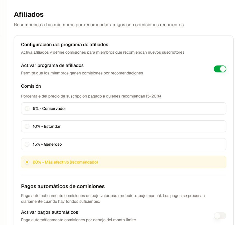 Documenta la política de comisiones y pagos antes de habilitar los referidos. Configuración de afiliados con habilitación, opciones de comisión, controles de pago automático y un enlace de referido.