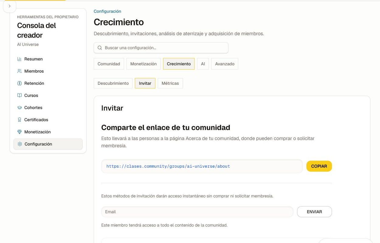 Elige el método de invitación que coincida con la ruta de acceso prevista. Resumen de la configuración de Invitaciones con enlace para compartir, invitación por correo individual y importación CSV.