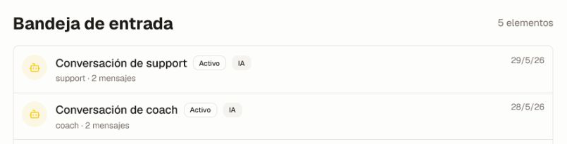 Usa la insignia de IA y los metadatos de la conversación para elegir el historial correcto sin exponer contenido de mensajes personales. La Inbox unificada con dos conversaciones genéricas de IA, insignias de estado, recuentos de mensajes y fechas de actividad reciente.