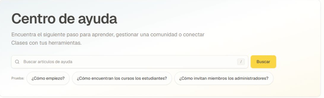 Busca una tarea o elige la guía para estudiantes o administradores. Vista general actual del Centro de ayuda con búsqueda y puntos de partida según el rol.