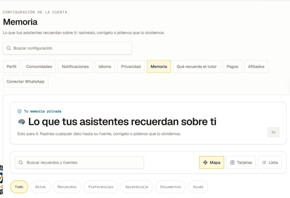 La sección privada Memoria actual con búsqueda, Mapa, Tarjetas, Lista y filtros por tipo de memoria, recortada antes de mostrar cualquier detalle de memoria.