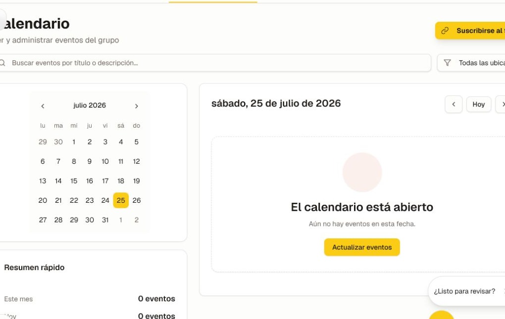 El calendario actual de la comunidad con búsqueda, filtros por ubicación, navegación por mes y la acción de suscripción.