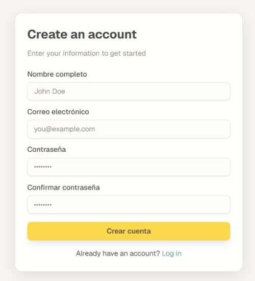 El formulario actual de creación de cuenta con nombre, correo electrónico, contraseña, confirmación y controles de Crear cuenta.