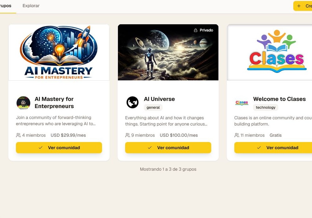 El panel actual de Mis grupos con tarjetas de membresía y acciones de Ver comunidad.