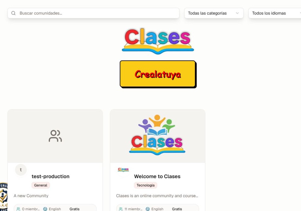 La página actual para descubrir comunidades con búsqueda y filtros de categoría e idioma.