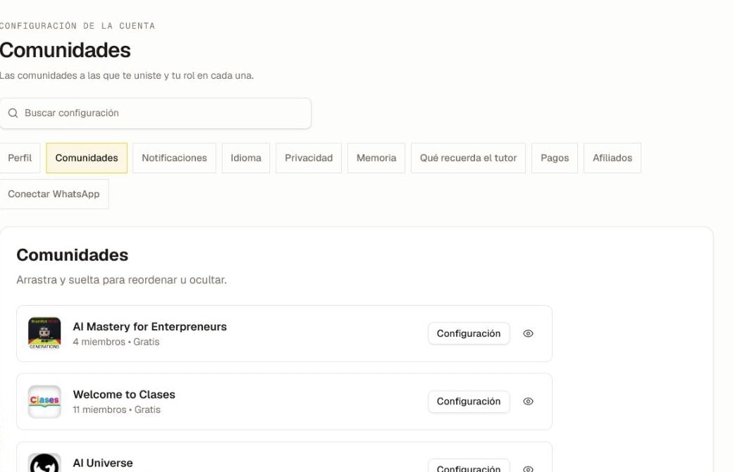 La página de Configuración de Comunidades actual con tarjetas de membresía, rol y contexto de acceso, guía de reordenamiento, controles de visibilidad y ajustes por comunidad.