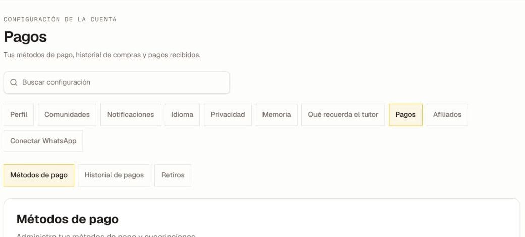 Encabezado actual de la configuración de Pagos con las pestañas Métodos de pago, Historial de pagos y Pagos, recortada antes de cualquier detalle de tarjeta almacenada o transacción.