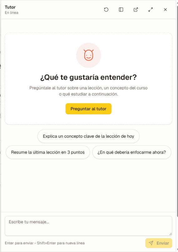 El tutor de la lección actual con controles de diseño, preguntas sugeridas, cuadro de mensaje y acción de enviar.