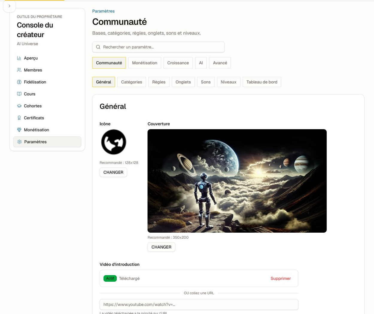Paramètres généraux de la communauté pour l'identité, la vidéo, la langue, l'URL, l'apparence, la confidentialité et le support.