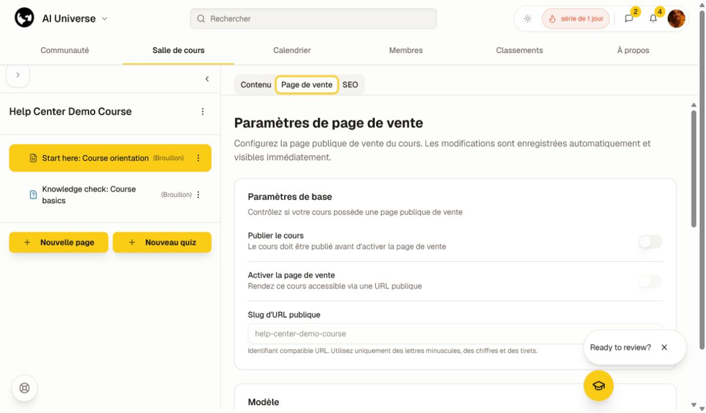 Publie le cours avant d'activer une page de destination publique. Paramètres de la page de destination avec contrôles de publication, URL publique, modèle et visibilité des sections.