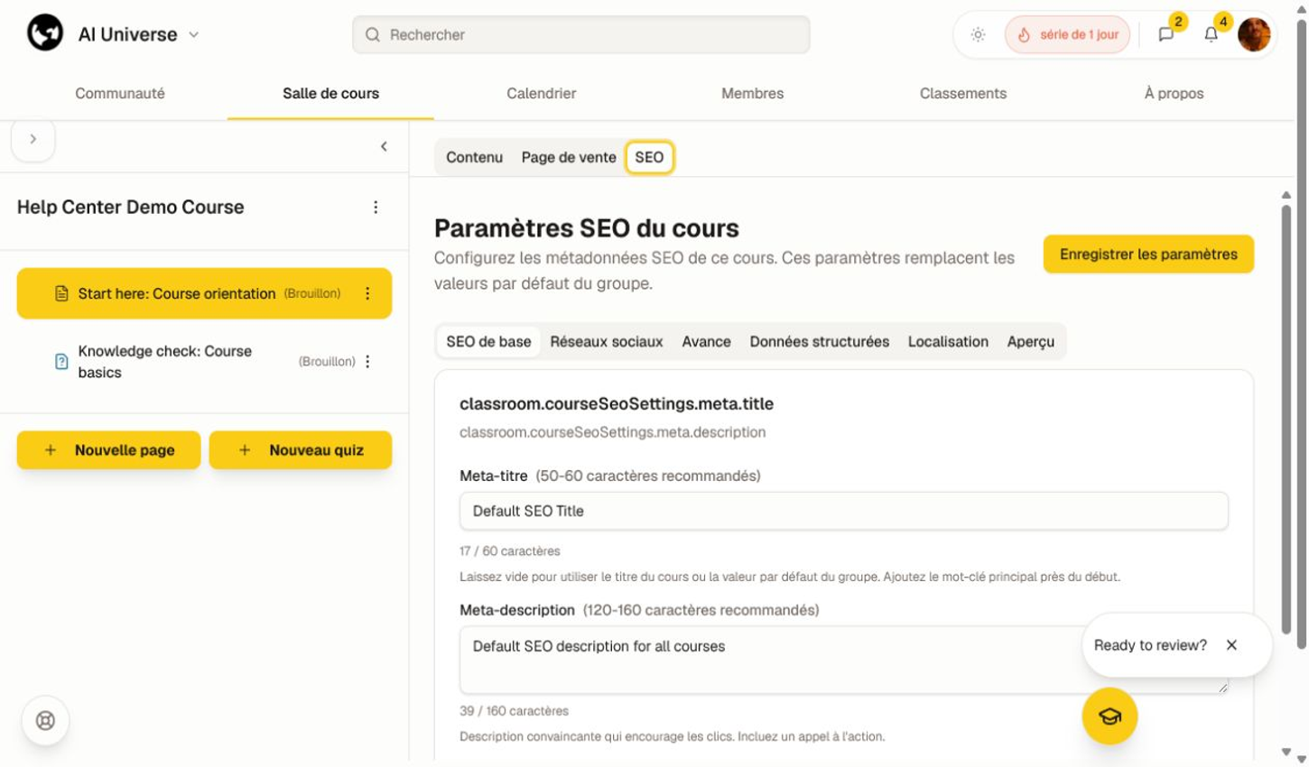 Utilise des métadonnées concises et prévisualise-les avant le lancement. Paramètres SEO du cours avec onglets titre, description, mot-clé et aperçu.